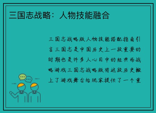 三国志战略：人物技能融合